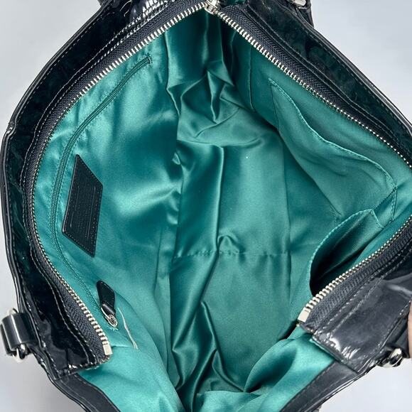 Coach Park Patent Carry Tote F23979 Purse Shoulder Bag Black with Aqua Interior - Picture 4 of 16